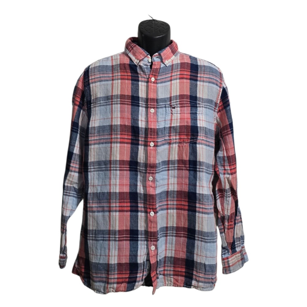 Tommy Hilfiger Regular Fit Long Sleeve Madras Plaid Casual Button Down Sz L